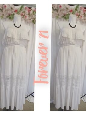Forever 21 White Strapless Lace-Trim Maxi Dress